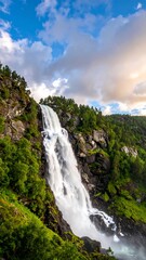 Tall waterfall cascading down rocky cliffs, lush green vegetation surrounds it under a partly cloudy sky