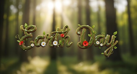 Earth day celebration in a lush forest with sunlight streaming through trees