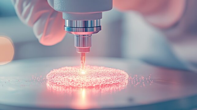 Precision instrument shaping biological material with gentle glowing energy, showcasing innovative life science creation for future advancements.