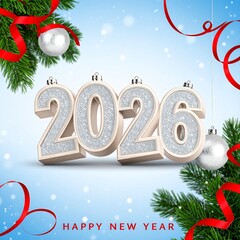 New Year 2026 Celebration 3d Design Image with Festive Decorations, Christmas Day 2026