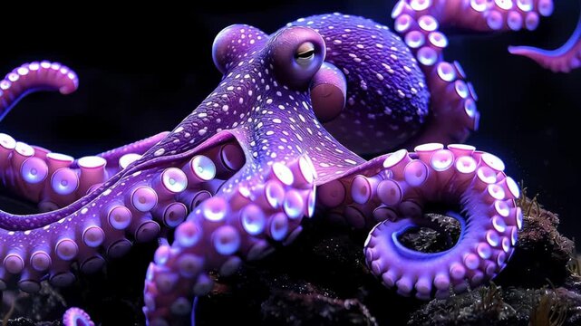 Vibrant octopus purple and blue tentacle underwater macro marine life ocean cephalopod creature with pink spotted suction cup bioluminescent glow