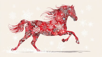 Crimson Horse Silhouette: A spirited silhouette of a crimson horse gallops gracefully across a canvas, adorned with delicate floral and snowflake patterns.