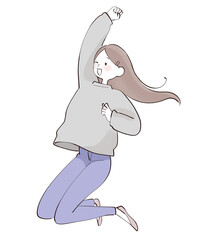 ジャンプしてガッツポーズの女性