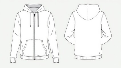 Technical drawing of a white zip-up hoodie, front and back views, showcasing the design details and construction lines.