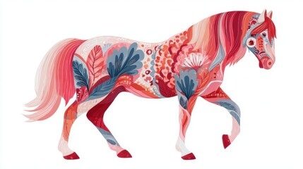 Obraz premium Floral Horse: A colorful and intricately detailed illustration of a horse adorned with floral patterns, a harmonious blend of nature and artistry, symbolizing freedom, grace, and the beauty of life.