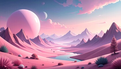 Pastel pink landscape with mountains, a river, and a large pink orb