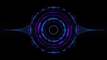 A futuristic, glowing circular interface with concentric rings, vibrant blue and purple hues, and a dark background.