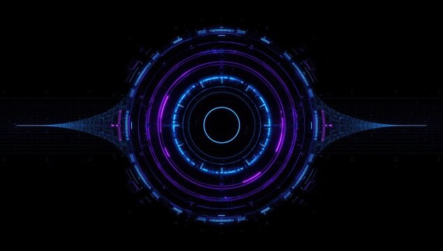 A futuristic, glowing circular interface with concentric rings, vibrant blue and purple hues, and a dark background.
