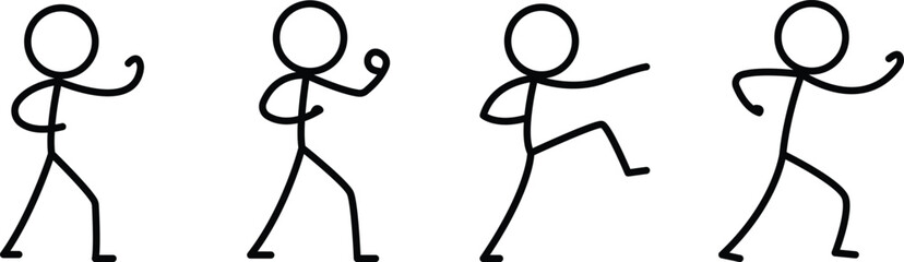 Stickman martial arts poses with boxing, punching, kicking, and fighting movements representing combat training and sports activity