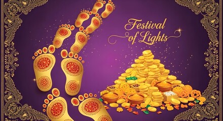 Diwali celebration design featuring rangoli footprints and gold coins for festival of lights themed decorations