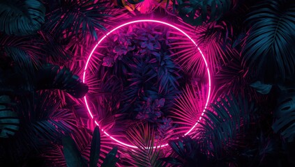 Vibrant neon pink circle framed by lush tropical foliage in dark tones.