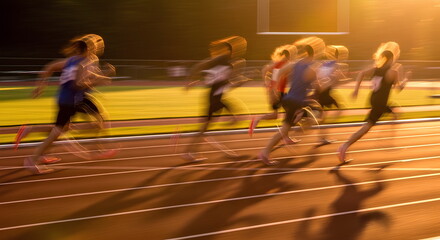 Dynamic Photo Of Runners Sprinting On Track During Athletics Competition With Motion Blur And Golden Sunset Light Effect