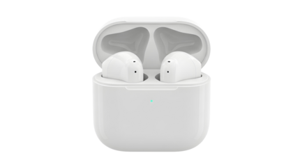 Generic white wireless earbuds in an open charging case, an unbranded plain object isolated on a clean white background for mockups