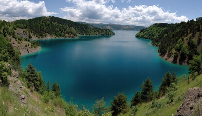 Fototapeta premium Serene turquoise lake nestled amidst lush green hills under a partly cloudy sky.
