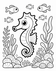 Charming seahorse illustration with playful fish and underwater plants coloring page
