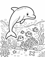 A playful dolphin leaps above coral and colorful fish in the ocean