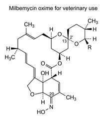 Obraz premium Chemical structure of milbemycin oxime for veterinary use, drug substance