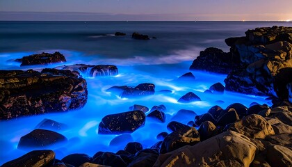 Illuminated coastal rocks at night