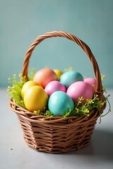 A colorful bunch of Easter eggs arranged in a decorative basket, perfect for holiday-themed backgrounds and designs , basket, seasonal