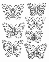 A collection of detailed butterfly drawings in simple black and white