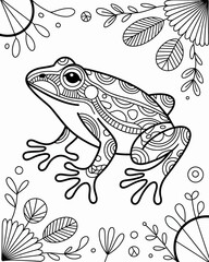 Intricate floral and whimsical frog illustration in a detailed black and white design