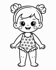 Adorable little girl with pigtails wearing a floral swimsuit line art