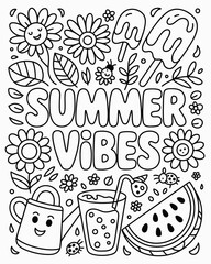 Charming summer illustration featuring flowers watermelon and cheerful drink designs