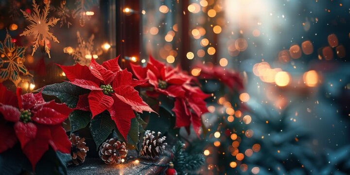 Festive holiday scene with poinsettias and glowing christmas lights