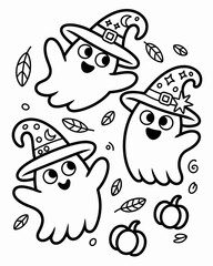 Adorable halloween ghosts wearing witch and jester hats with autumn leaves