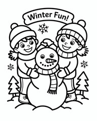 Children building a snowman with winter trees in a black and white scene