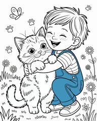 A happy boy embraces a kitten amidst flowers and butterflies
