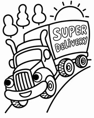 Cartoon illustration of a super delivery truck with sun and clouds