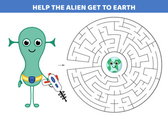 Round maze. Help the alien find way to the Earth. Labyrinth for kids. Cartoon, isolated vector illustration eps 10
