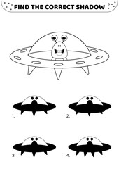 Find the correct shadow. Black and white. Flying saucer. Shadow matching game. Isolated vector illustration eps 10