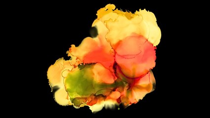 Abstract Alcohol Ink Painting Yellow Orange Red Green Art Fluid Design Swirls Texture Black Background Modern Contemporary Artwork Vivid Colors Artistic Expression