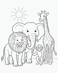 A charming illustration featuring a giraffe lion elephant and monkey