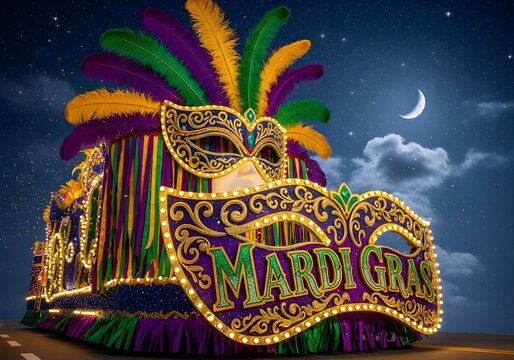 Vibrant mardi gras celebration with festive parade float under moonlit sky perfect for event promotion and party invitations