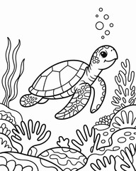 A charming sea turtle swims peacefully amidst coral and underwater plants