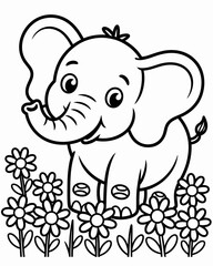 Adorable baby elephant stands amidst blooming flowers in a simple drawing