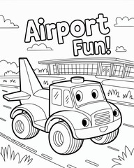 Cartoon airport tug vehicle with a building and clouds above