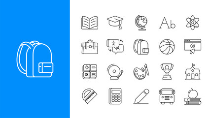 School and education line icons set. Containing learning, study, classroom and knowledge icons. Vector illustration