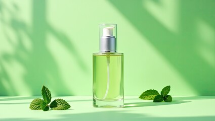 A clear glass bottle with a light-colored pump top, filled with a light green liquid, sits on a vibrant green backdrop.  Fresh mint leaves add a touch of natural beauty and freshness to the image.