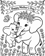 A heartwarming mother elephant and baby surrounded by floral designs