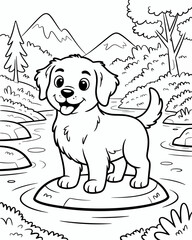 A cute puppy stands in water near trees and mountains