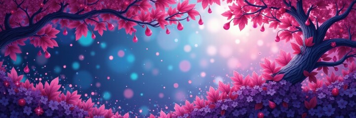 A vibrant, magical forest scene unfolds with glowing pink leaves and purple blossoms, bathed in soft, dreamy light.