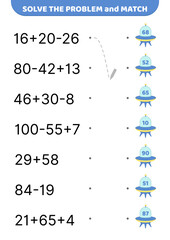 Solve the problem and match. Flying saucer. Addition and subtraction. Educational preschool game for kids. Cartoon, isolated vector illustration eps 10