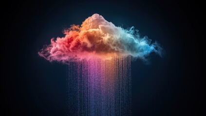 A vibrant, colorful cloud, filled with hues of the rainbow, releases a cascade of radiant streams against a dark backdrop.