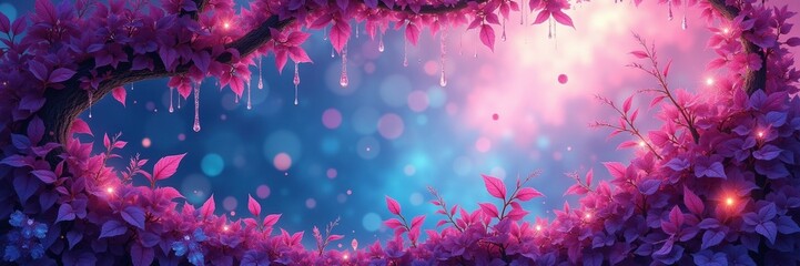 A whimsical, vibrant scene of a mystical, enchanted forest, featuring dripping water, luminous foliage, and a soft, dreamlike ambiance.