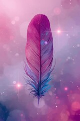 A vibrant, magenta-toned feather stands out against a soft, pastel background of pinks and purples, enhanced by delicate, glowing light effects.