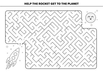 Black and white maze. Help the rocket get to the planet. Isolated vector illustration eps 10